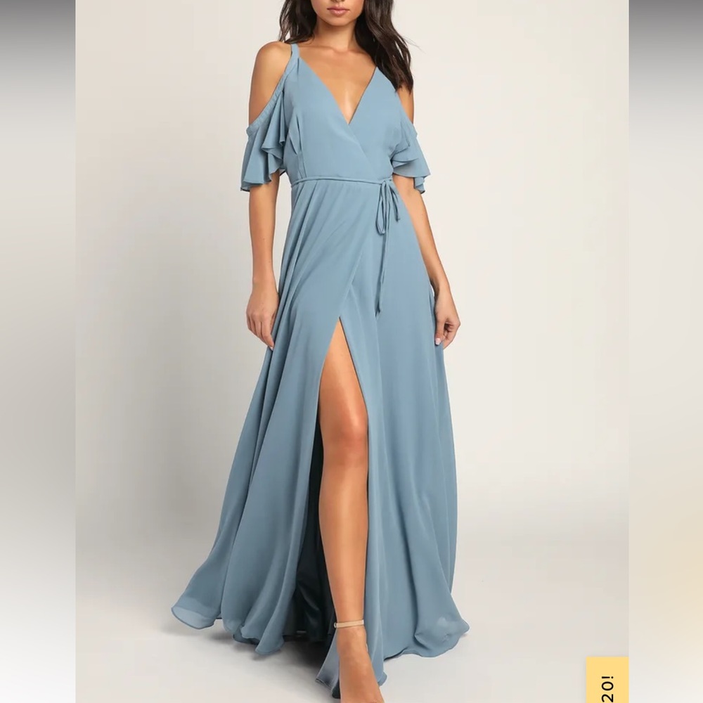 Easy Listening Slate Blue Cold-Shoulder Wrap Maxi Dress